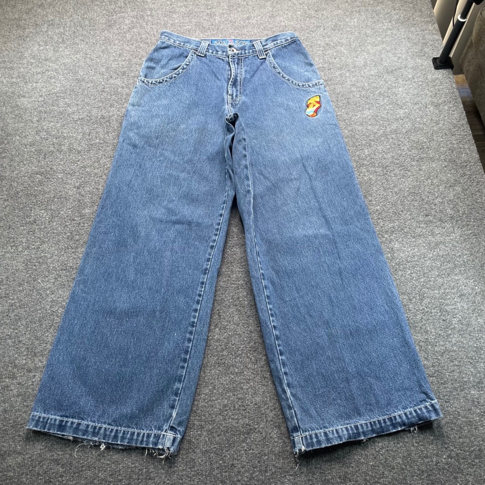 JNCO Jeans Wide Leg Men 30 Blue Vintage Graffiti Embroidery Made in USA